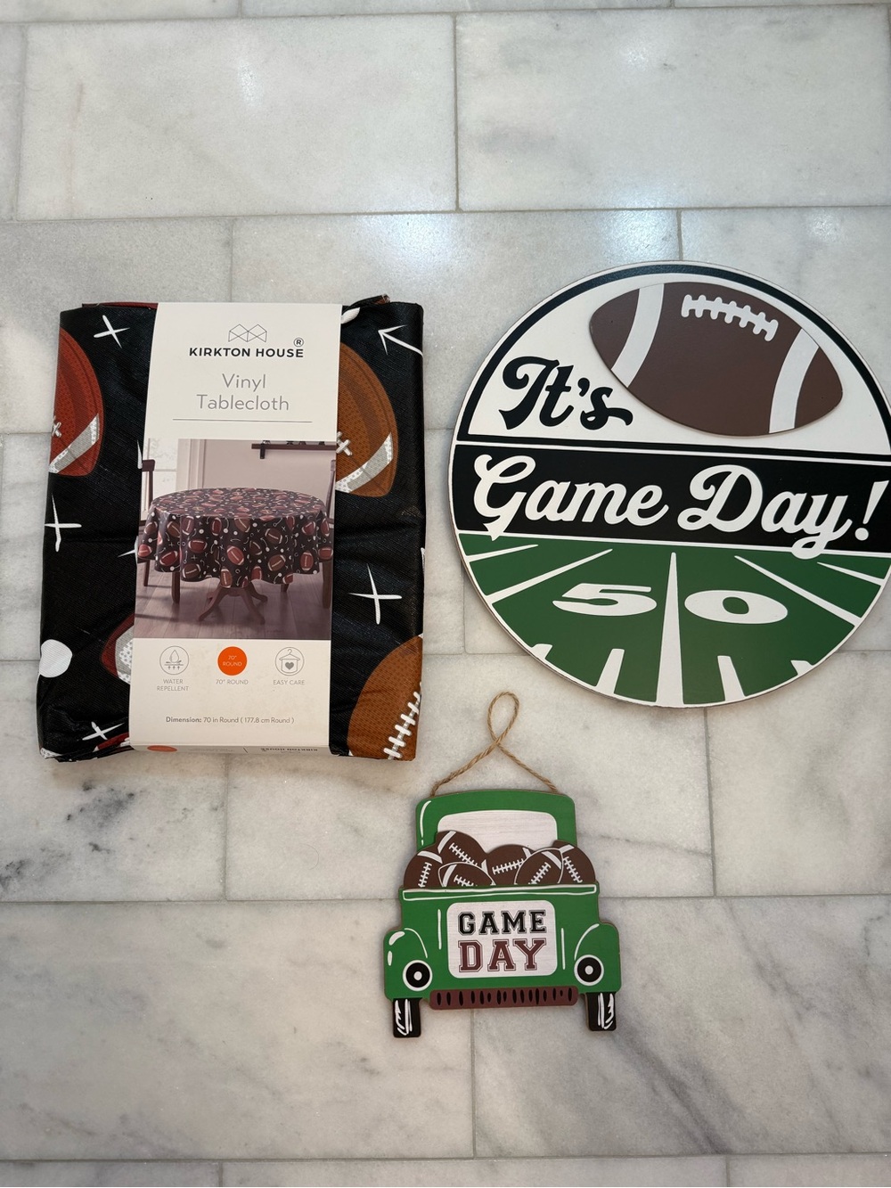 Game Day Bundle. 70” round tablecloth, Game Day Wall Sign & Game Day swing sign